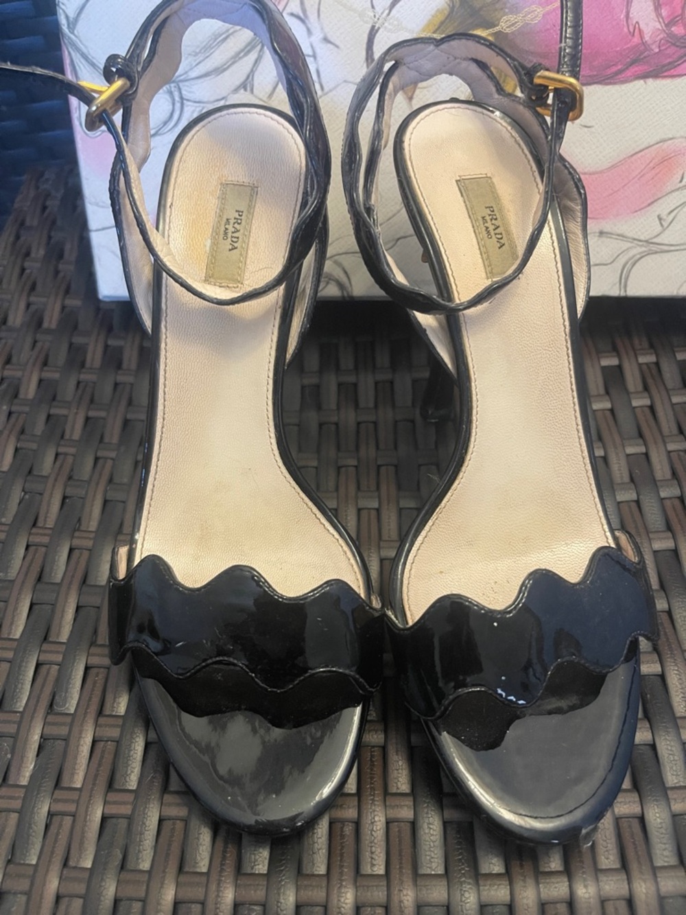 Prada Black Patent Scalloped Open-Toe Ankle-Strap Heels - Picture 2 of 4